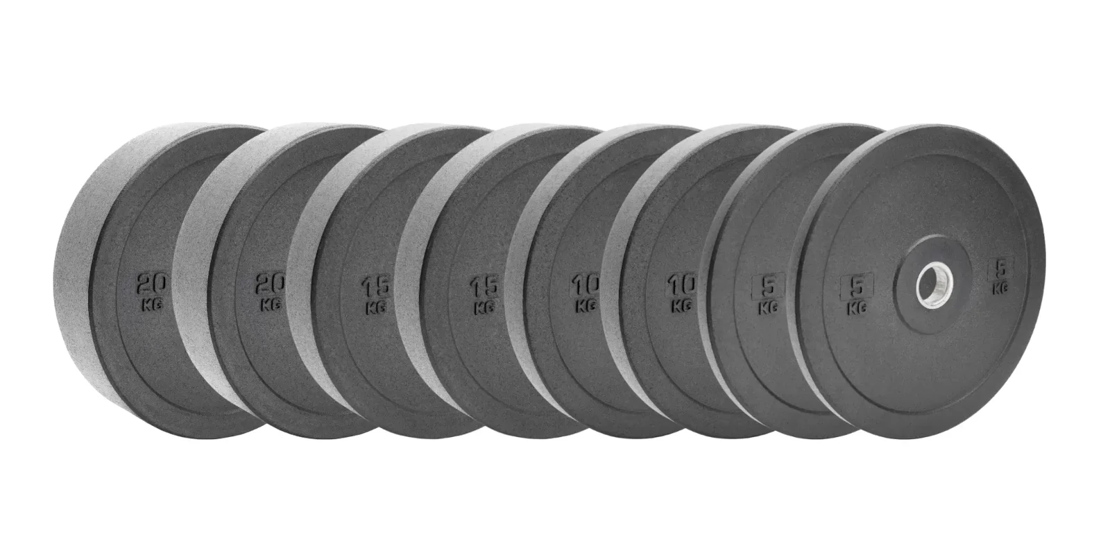 Komplettes 100kg Essential Bumper Set Bumper Essential 100kg Olympia-Gewichtsset - Horizontale Ansicht des Sets